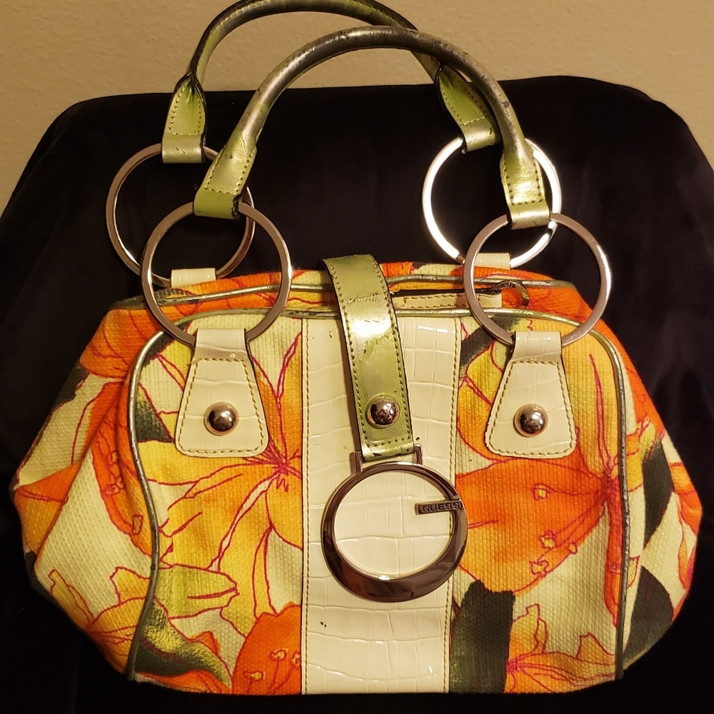 Vintage Guess Women's Tropical Bag with Green and Orange Accents